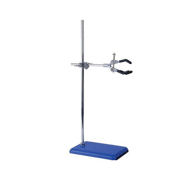 A laboratory instrument having a steel rod , clamp and blue stand used in biology laboratory on a white background